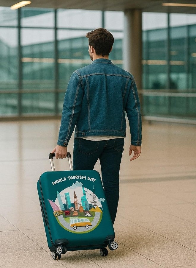 VRT Secure Suitcase Protector Stretchable Suitcase Sleeve with Handle Access Elastic Luggage Protector Cover Invisible Zipper for Travel Protective Luggage Wrap Easy Fit (World Tourism Day, Large) - Image 3